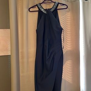 Gorgeous classic pewter colour dress with crystal neckline